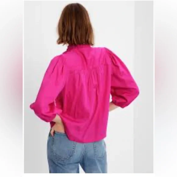 Gap, puff sleeve mock neck button up shirt in neon pink sz M - Picture 2 of 7